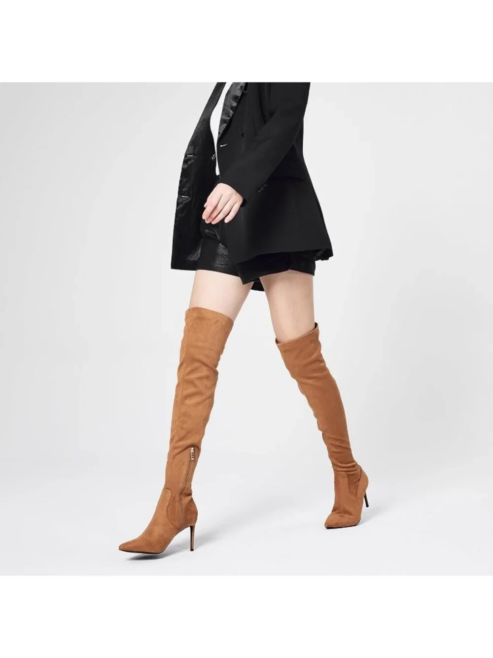 Women's Tan Synthetic Rubber Stretch Suede Long Pointed Toe Over the Knee Boot